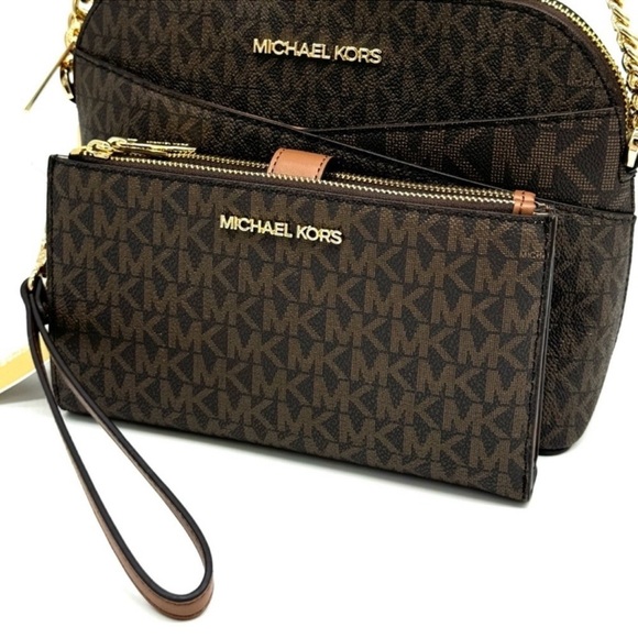 Michael Kors Jet Set Travel MD Logo Dome Crossbody Bag & Matching Wallet Brown - Picture 10 of 13